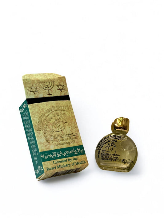 Frankincense and myrrh anointing oil bottle