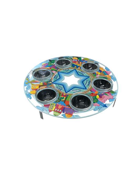Modern Jerusalem Seder Plate | Joy Gallery Glass & Steel Passover Plate | Colorful Star of David Design with 6 Bowls