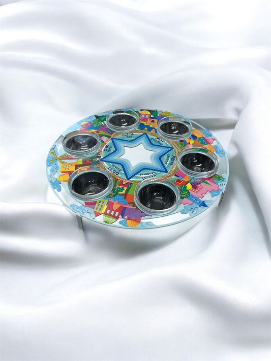 Modern Jerusalem Seder Plate | Joy Gallery Glass & Steel Passover Plate | Colorful Star of David Design with 6 Bowls