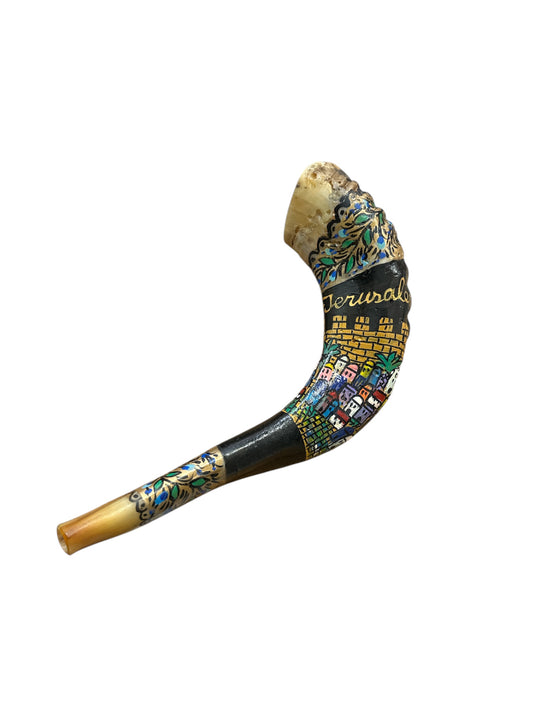 Hand-Painted Jerusalem Skyline Ram's Horn Shofar | Unique Collector's Piece