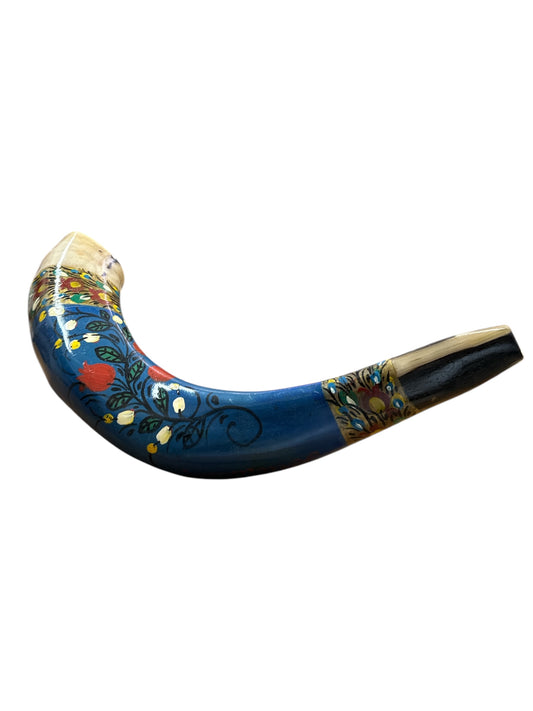 Hand-Painted Lion of Judah Ram's Horn Shofar | Royal Blue Design with Pomegranates | Unique Collector's Piece