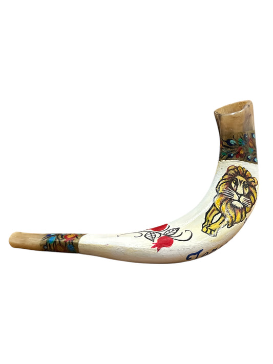 Hand-Painted Lion of Judah Ram's Horn Shofar | Elegant Cream Design with Pomegranates | Unique Collector's Piece
