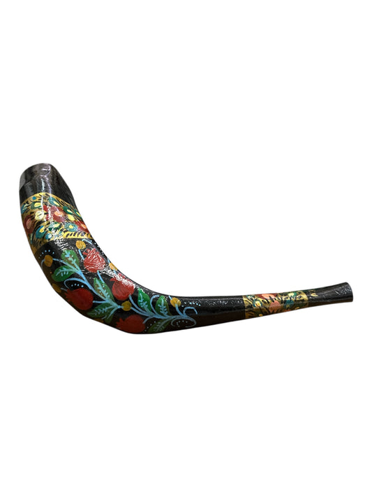 Hand-Painted Lion of Judah Ram's Horn Shofar | Elegant Black Design with Pomegranates | Unique Collector's Piece