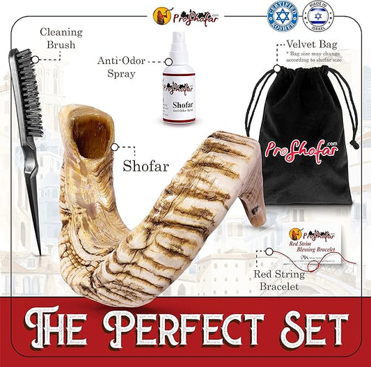 Authentic Natural Jericho Shofar Set | Kosher Ram's Horn from Holy Land | Handcrafted Kosher Jewish Ritual Shofar for Holidays & Rituals with Accessories