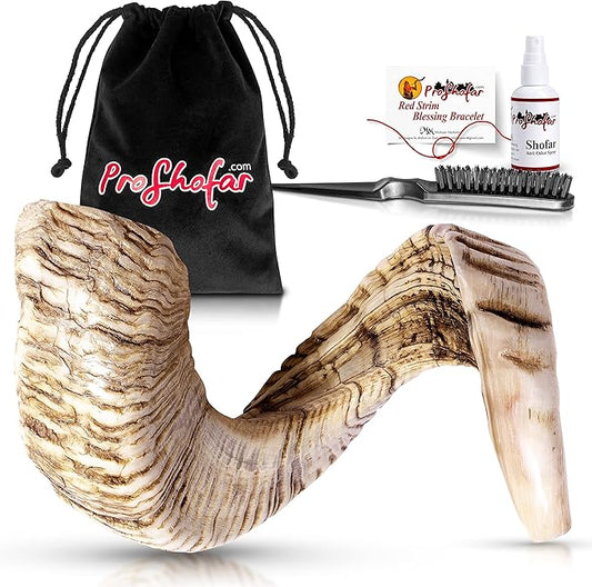 Authentic Natural Jericho Shofar Set | Kosher Ram's Horn from Holy Land | Handcrafted Kosher Jewish Ritual Shofar for Holidays & Rituals with Accessories