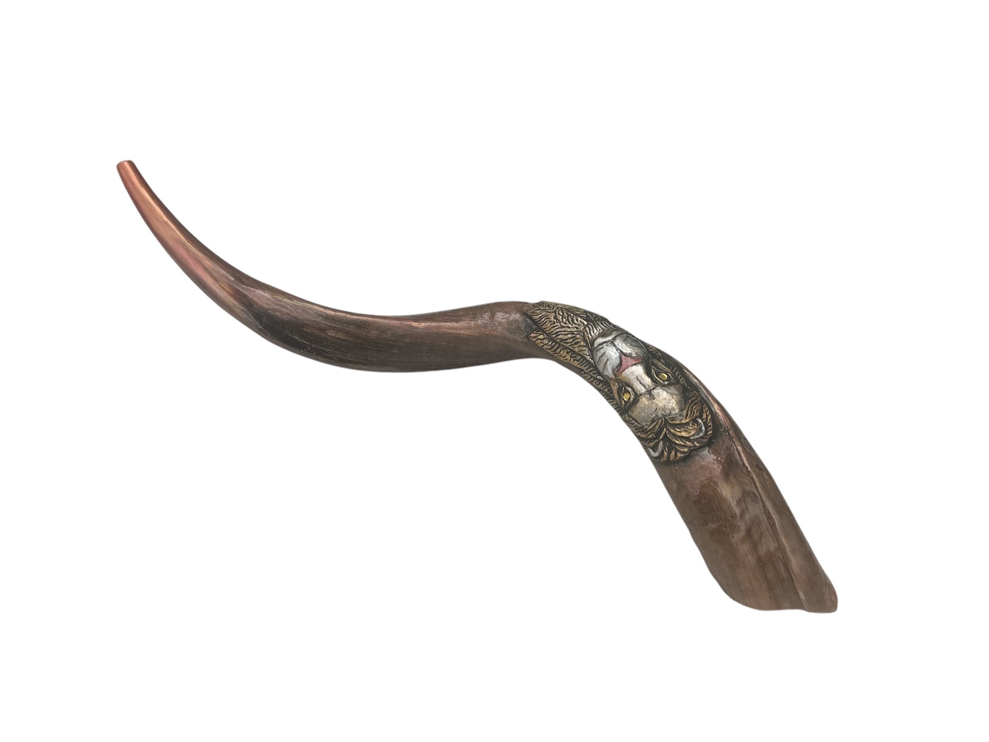 Lion of Judah engraved kudu shofar with bronze-copper patina