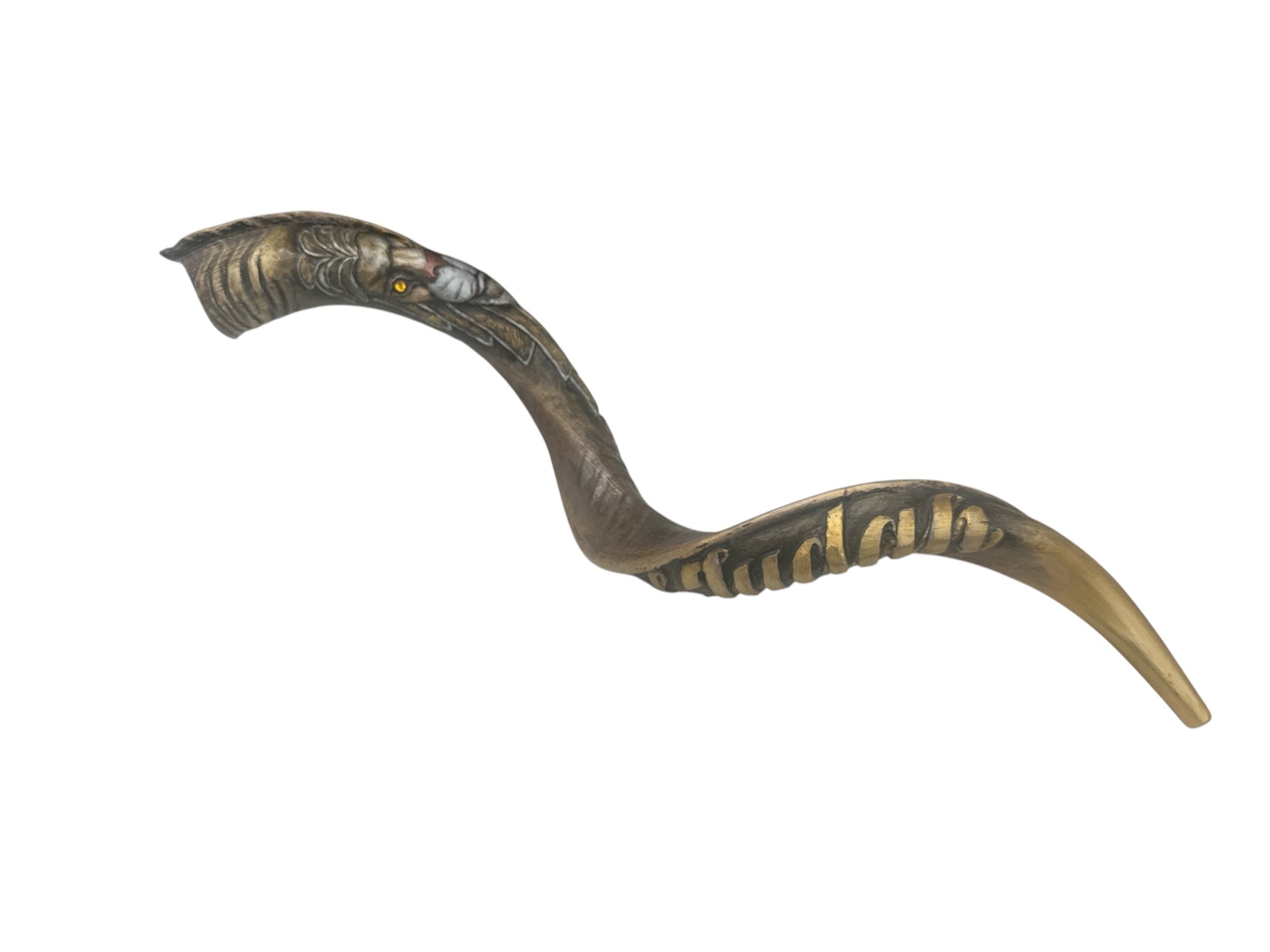 Close-up of engraved Hebrew inscription on large kudu shofar