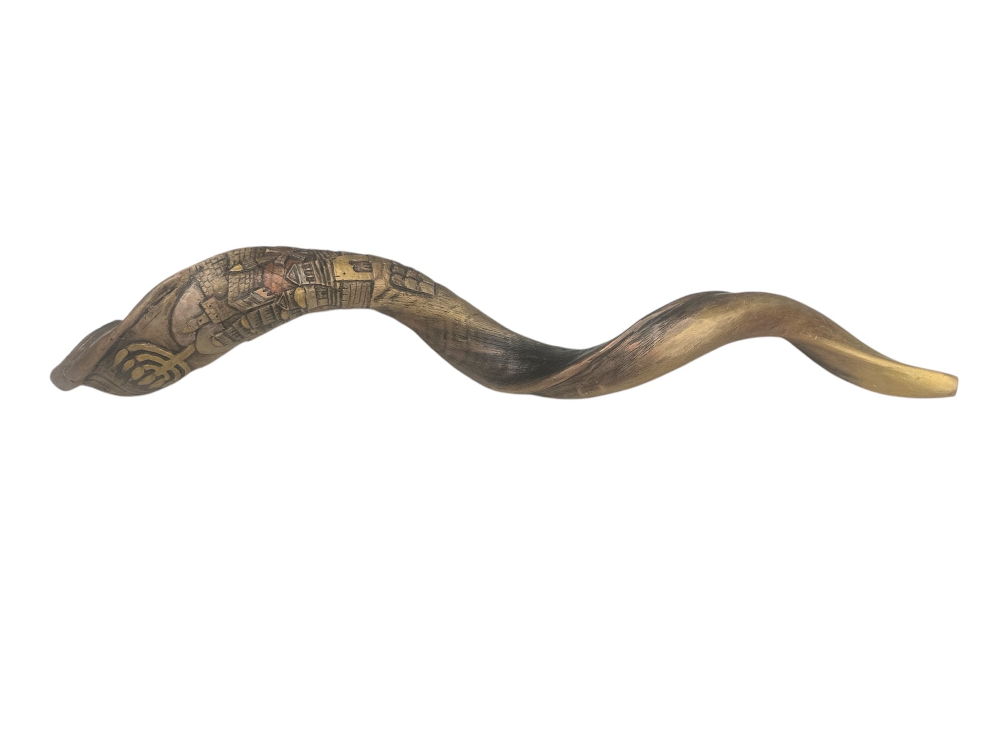 Jerusalem skyline kudu shofar with hand-engraved menorah design