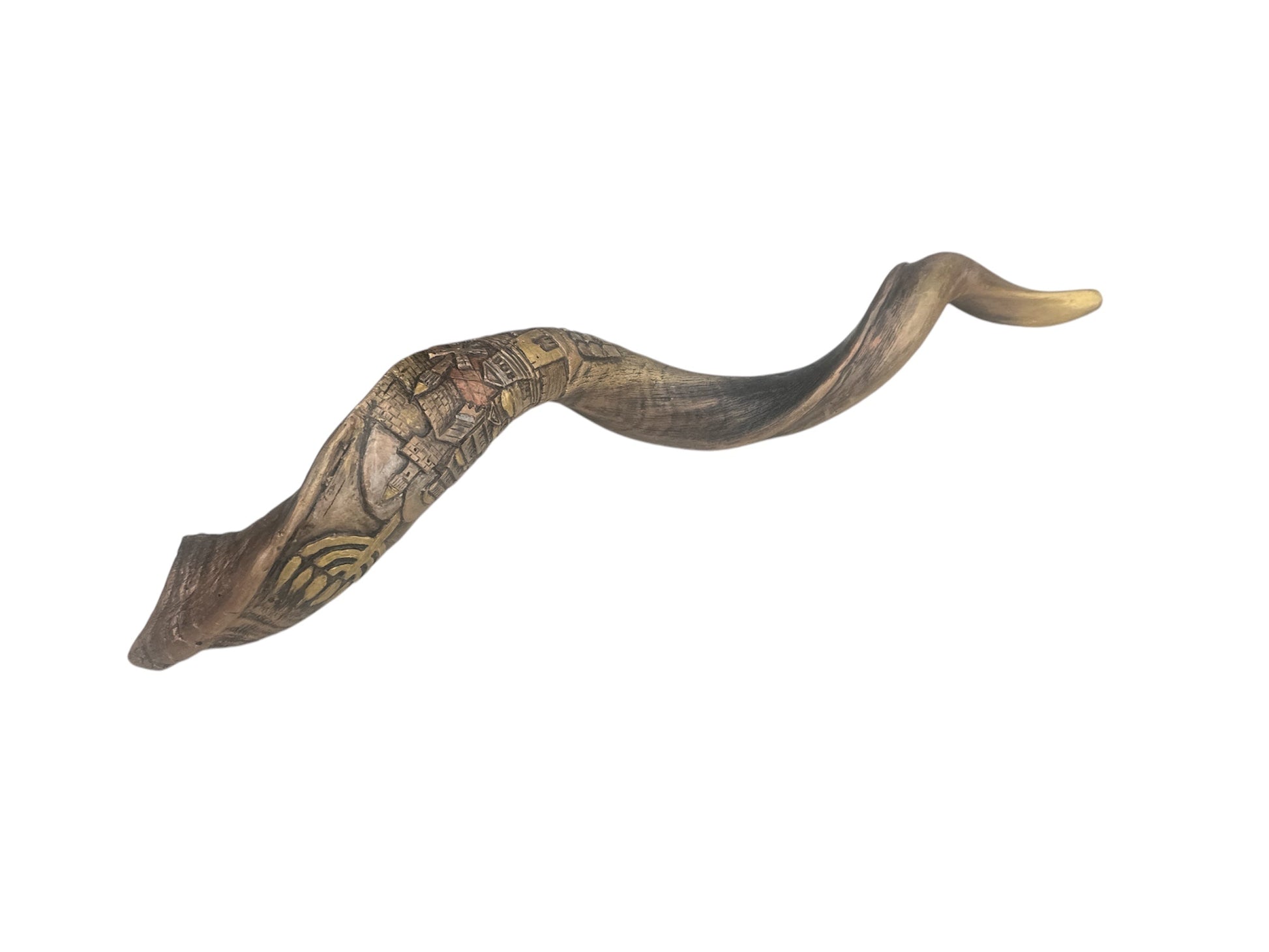 Menorah motif engraved on kudu shofar horn