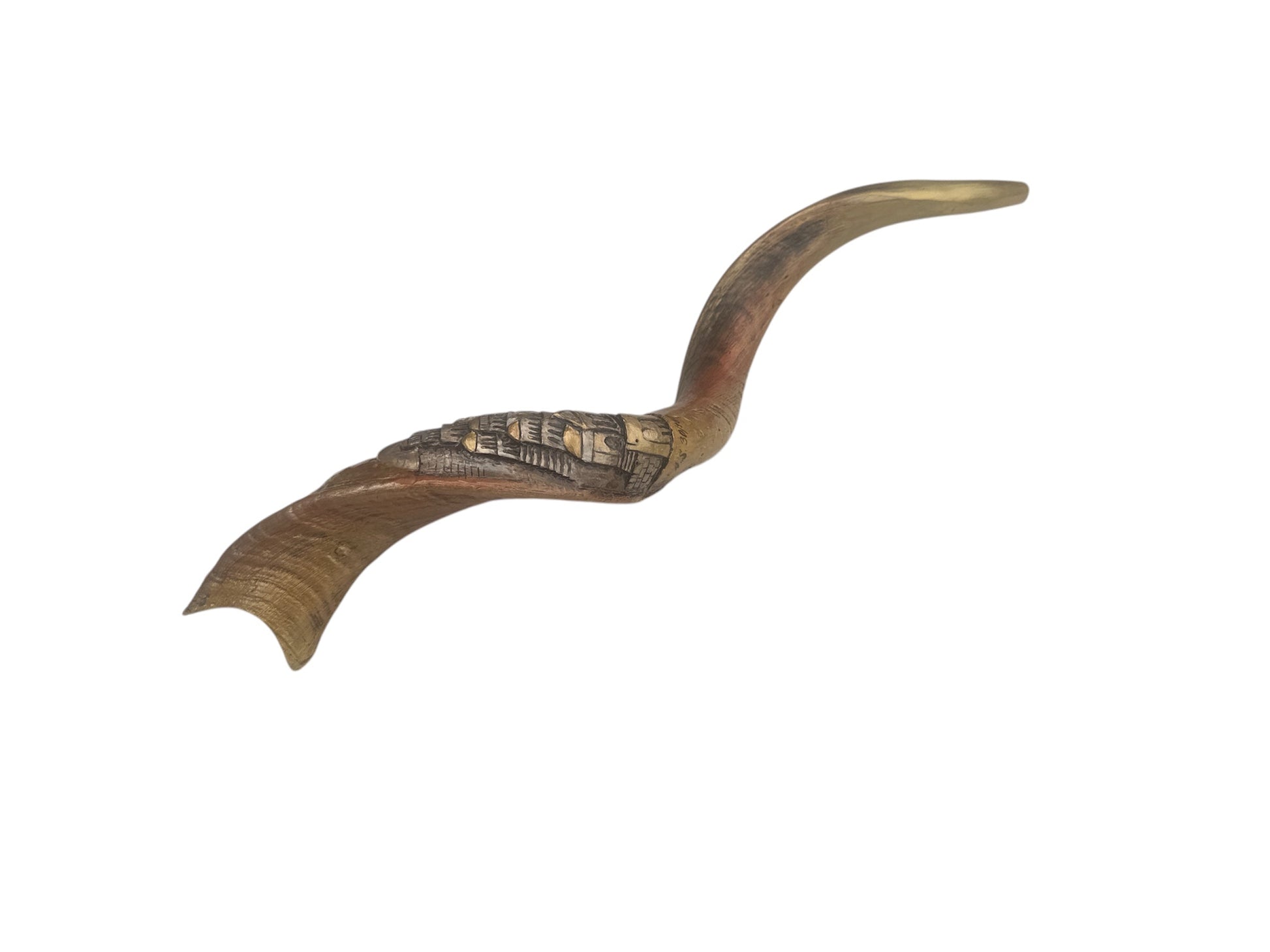 Side view of engraved Jerusalem kudu shofar