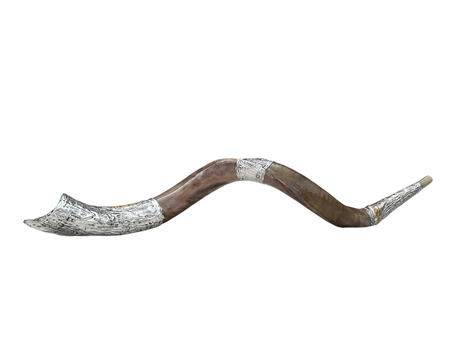 Close-up of Jerusalem skyline engraving on silver bands of kudu shofar