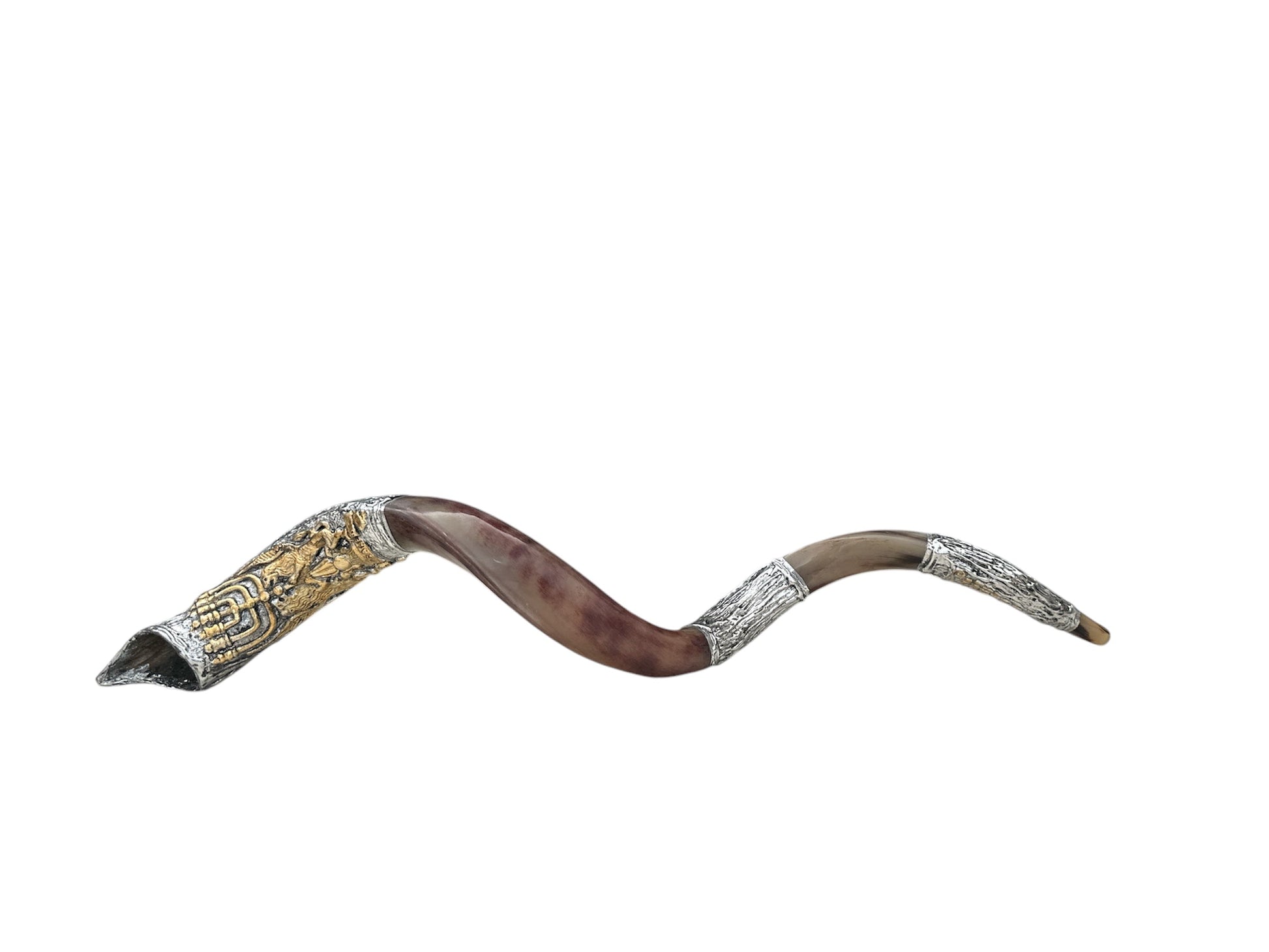 Full view of sterling silver menorah kudu shofar showing natural horn