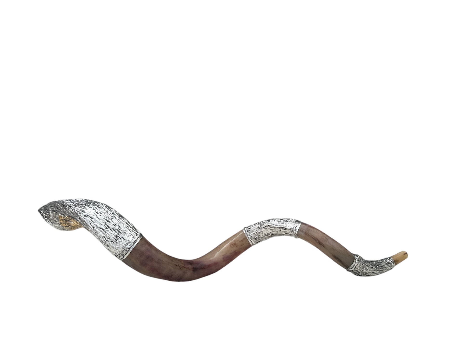 Close-up of menorah design engraved on silver band of kudu shofar