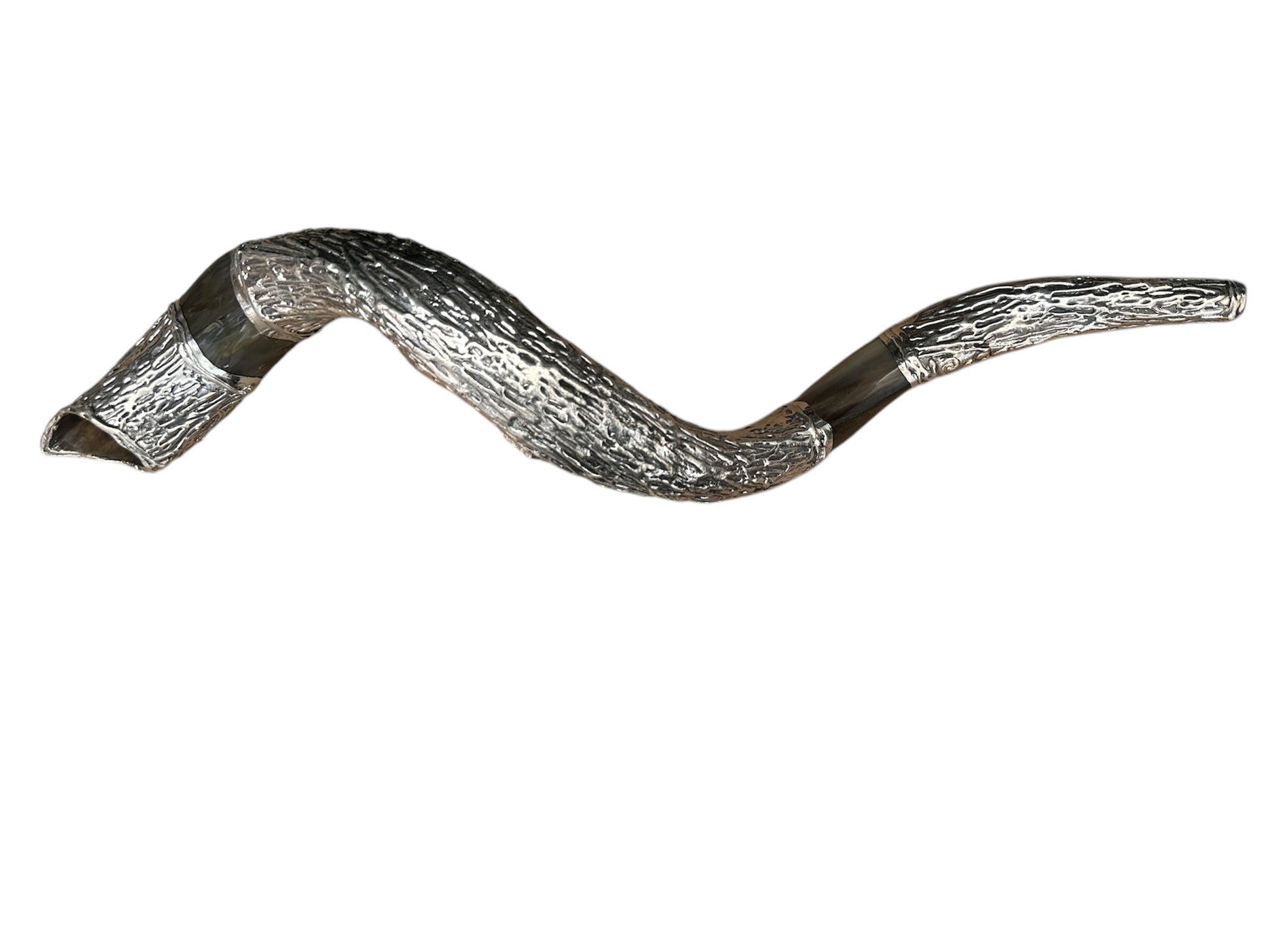 Close-up of Lion of Judah design on silver band of kudu shofar