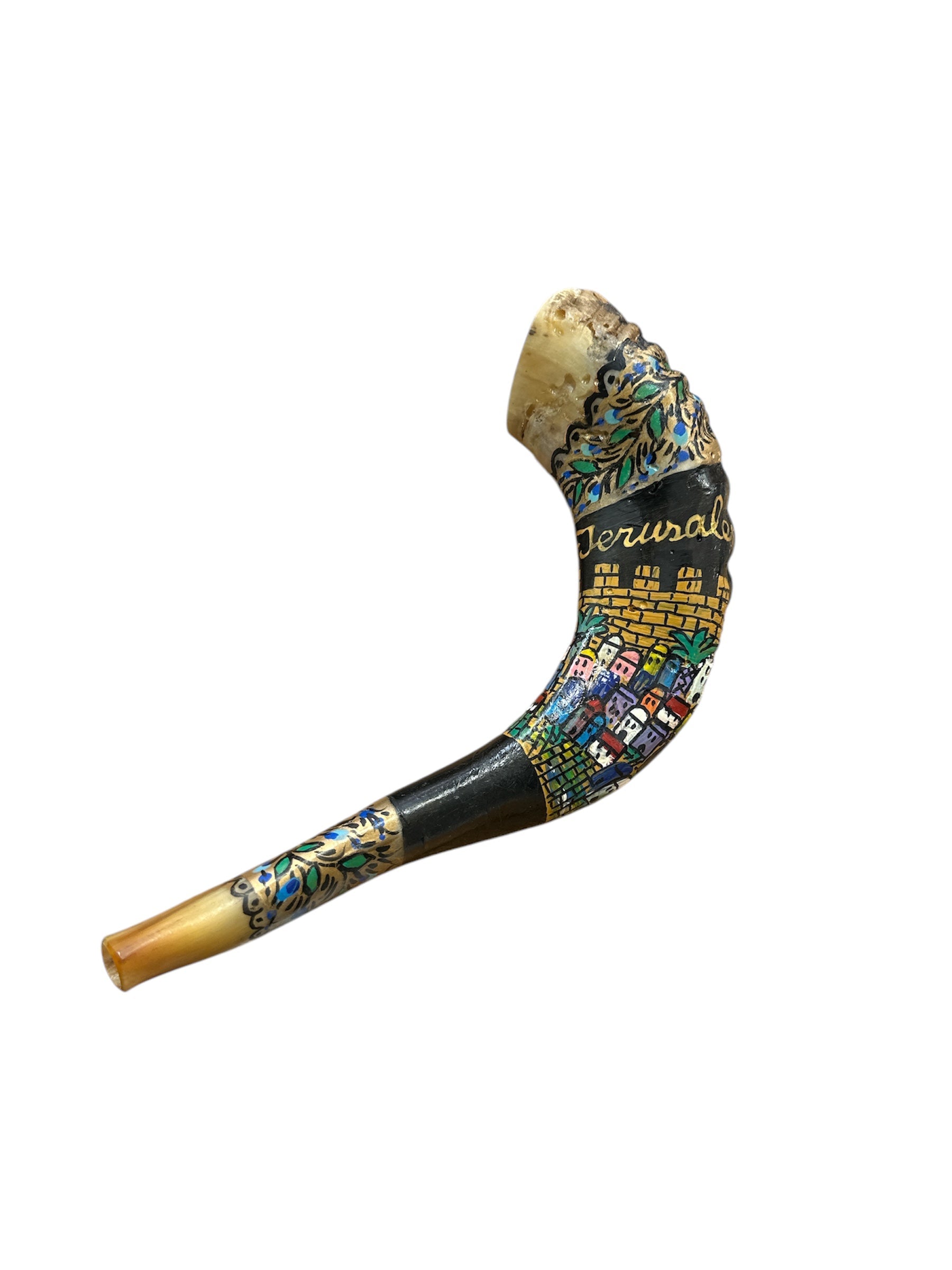 Hand-painted colorful Jerusalem skyline ram's horn shofar