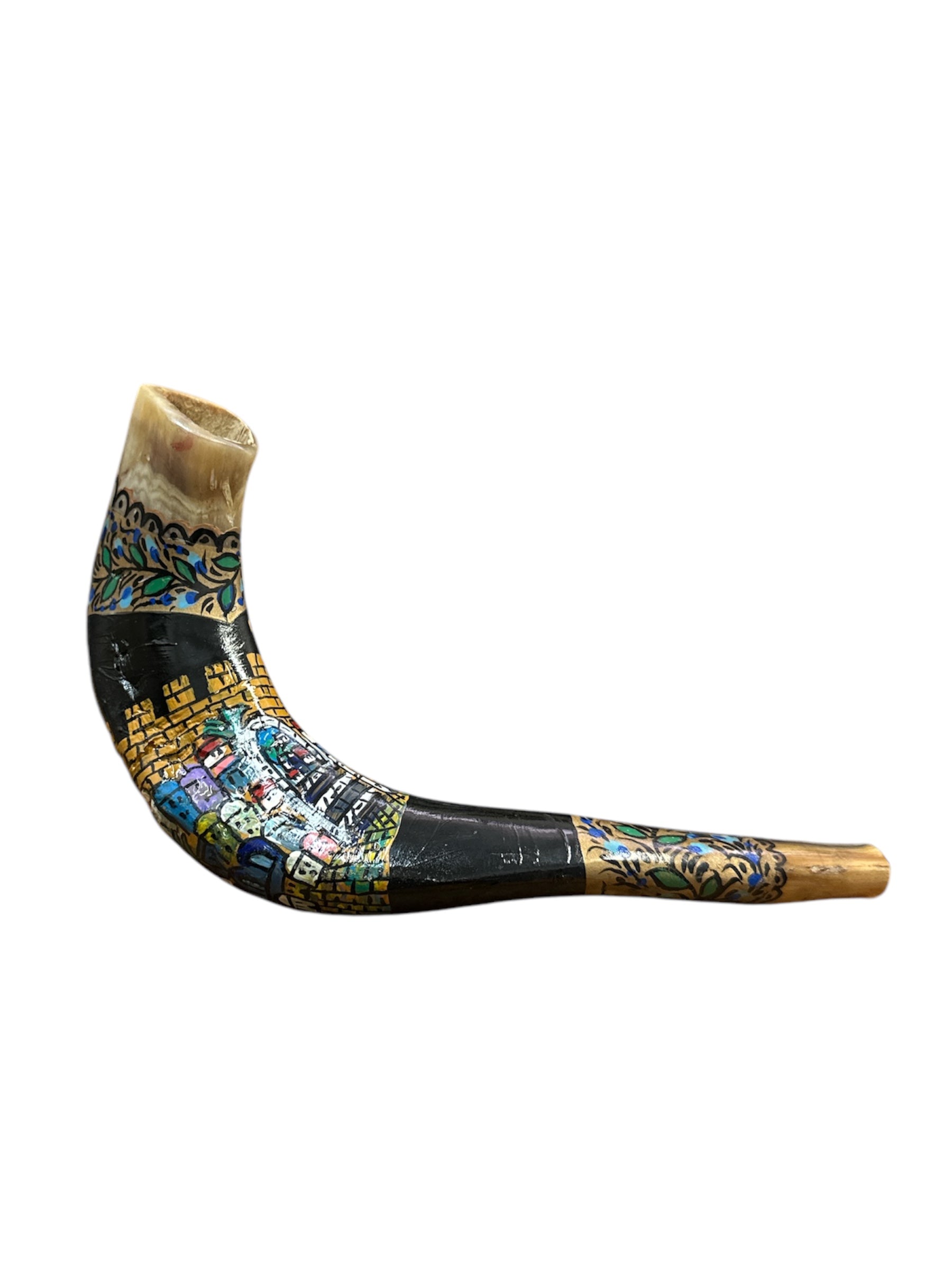 Detail view of Jerusalem skyline painting on shofar