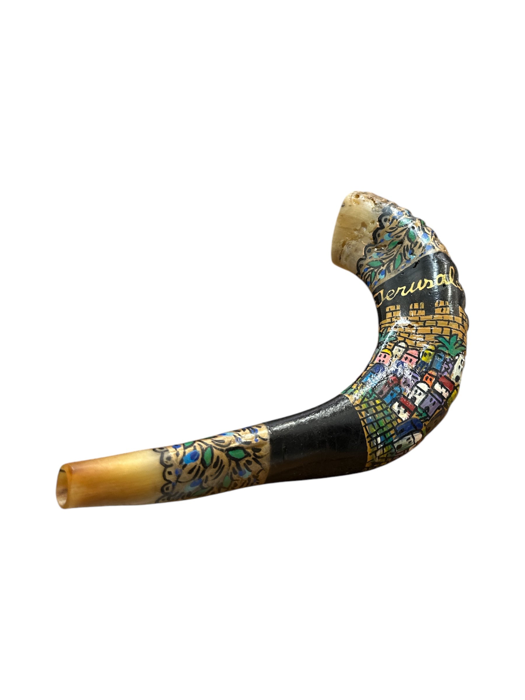 Side angle of painted Jerusalem skyline shofar showing curve