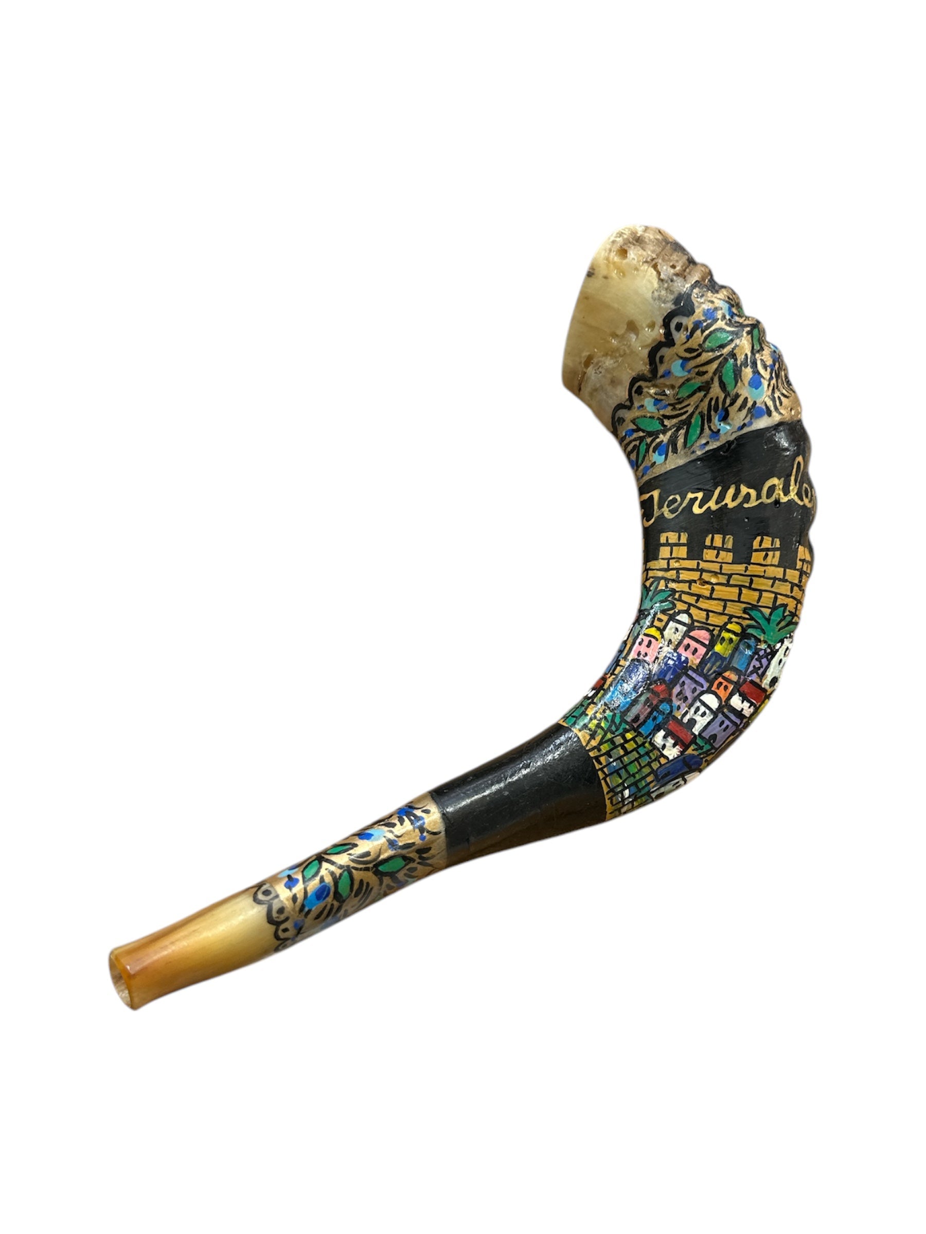 Mouthpiece detail of hand-painted ram's horn shofar