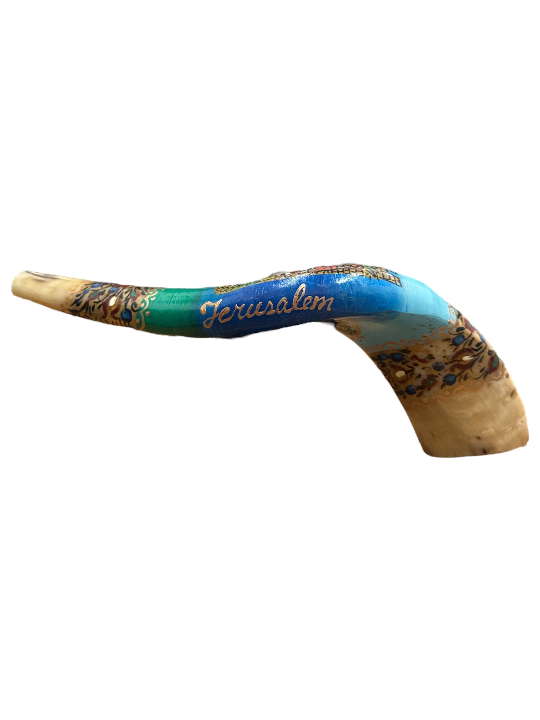 Hand-painted Jerusalem skyline ram's horn shofar in light blue with gold Hebrew text