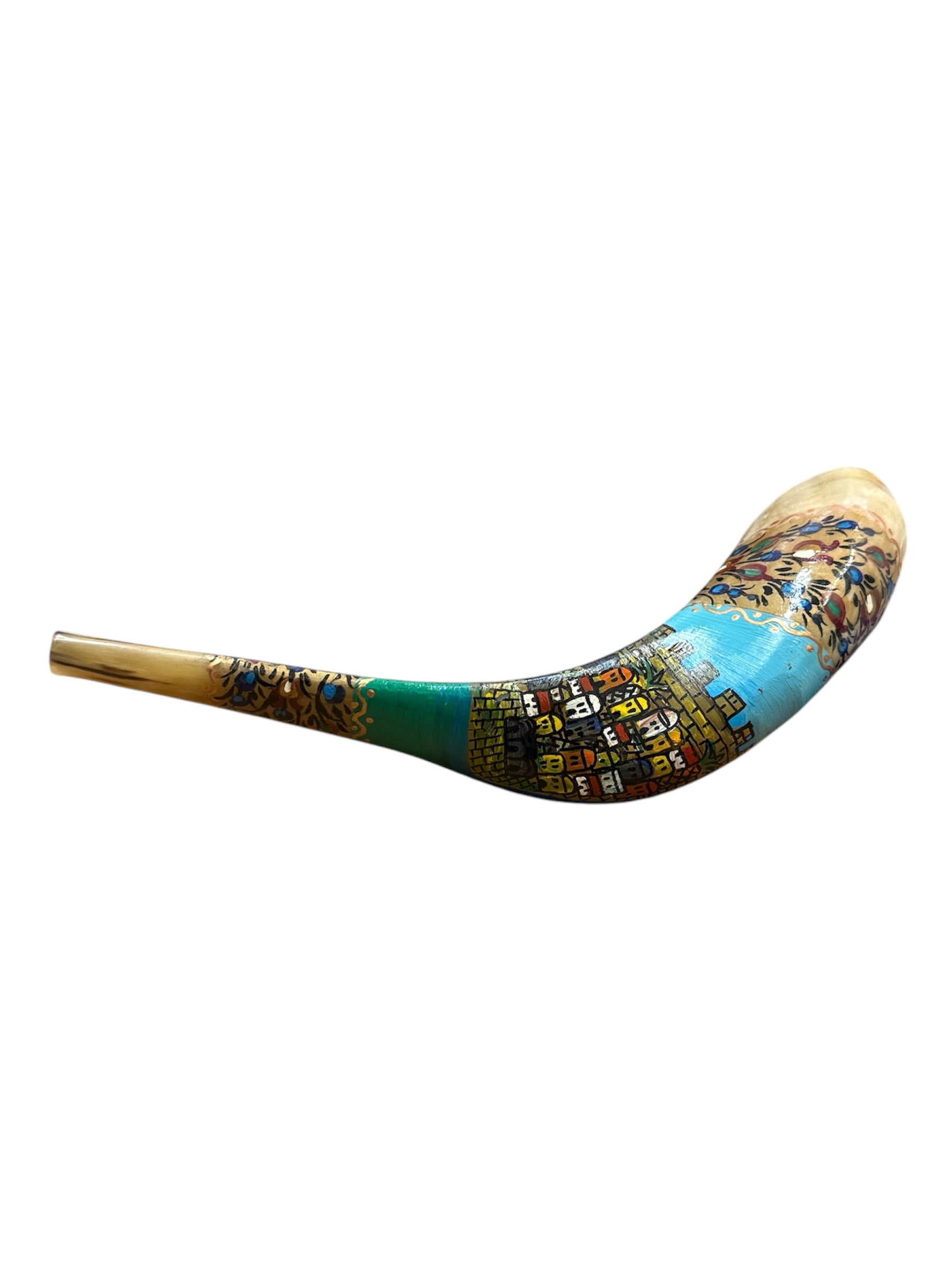 Close-up of gold Hebrew lettering on painted ram's horn shofar