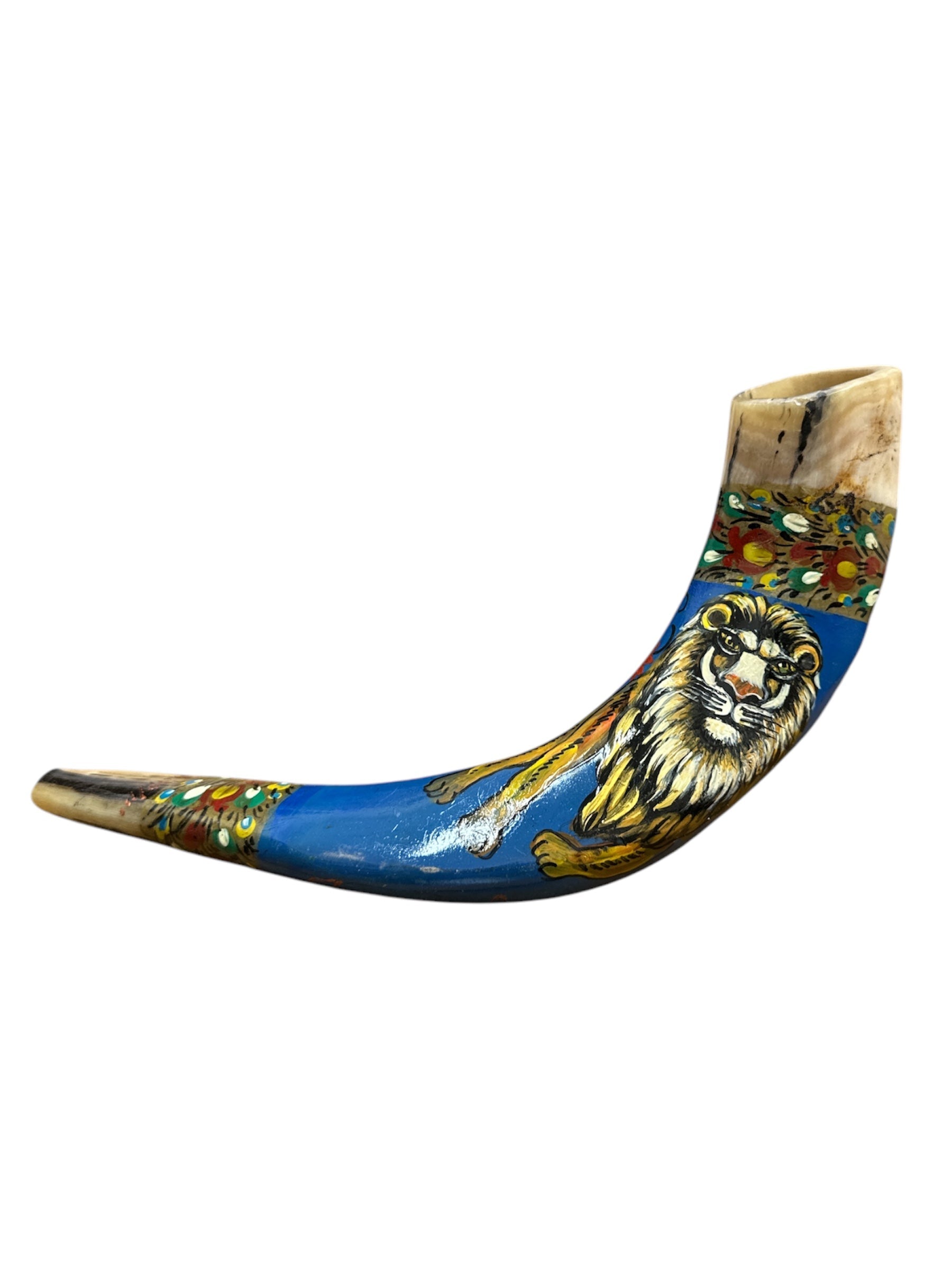 Hand-painted Lion of Judah ram's horn shofar in royal blue with pomegranate design