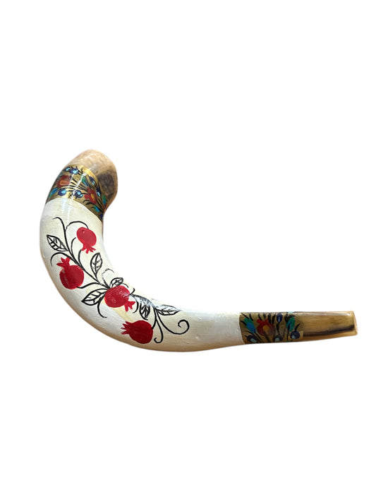 Hand-Painted Lion of Judah Ram's Horn Shofar | Elegant Cream Design with Pomegranates | Unique Collector's Piece