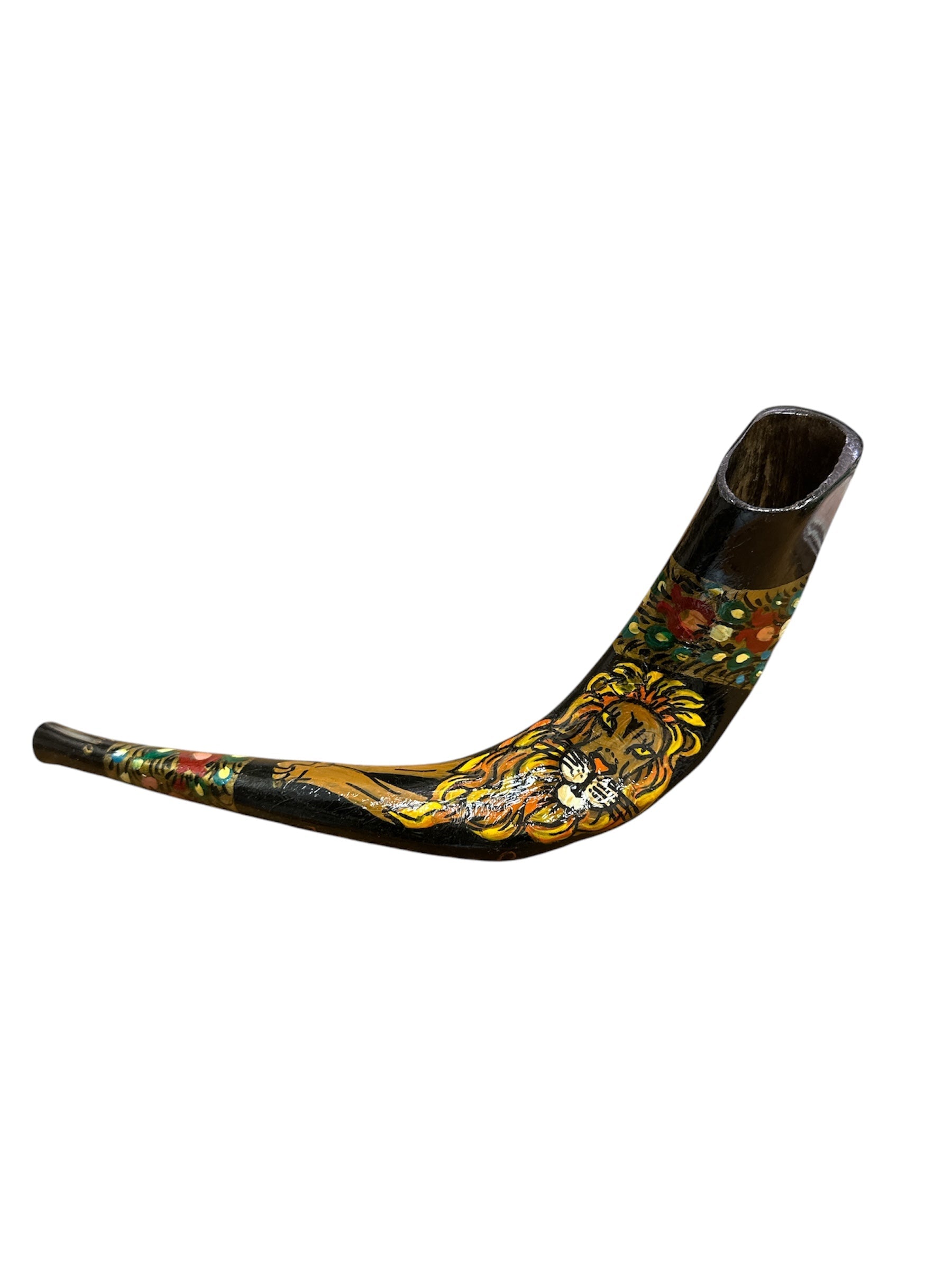 Hand-painted Lion of Judah ram's horn shofar in elegant black with pomegranate design
