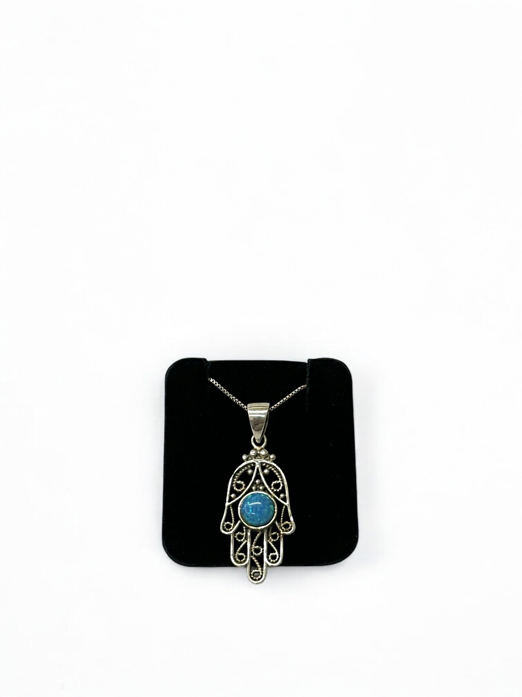 Hamsa pendant with natural opal stone in sterling silver