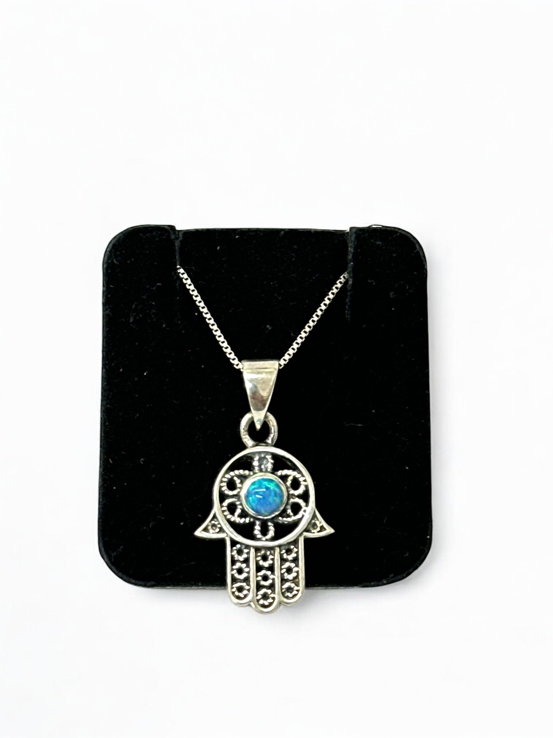Hamsa pendant with natural opal stone in sterling silver, larger design
