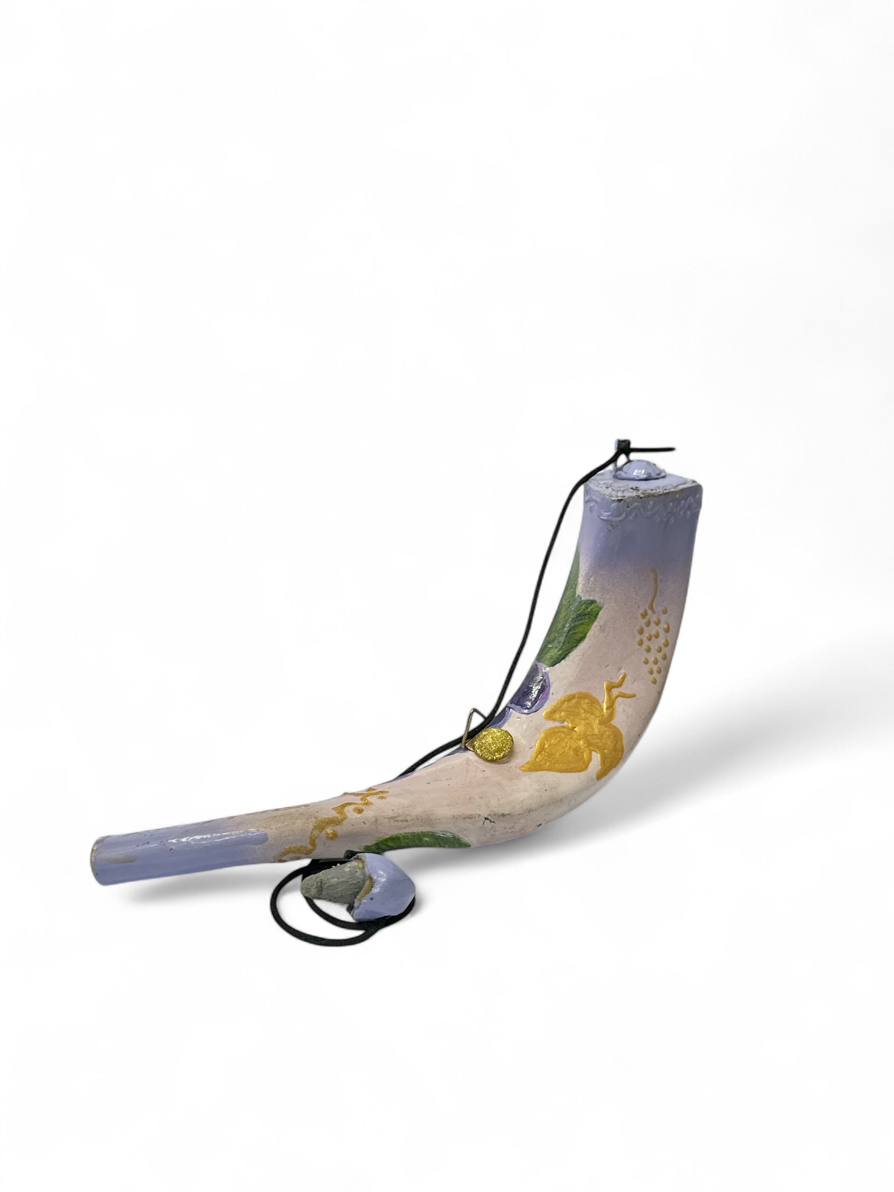 Decorative shofar-shaped bottle for anointing oils, hand-painted Seven Species design
